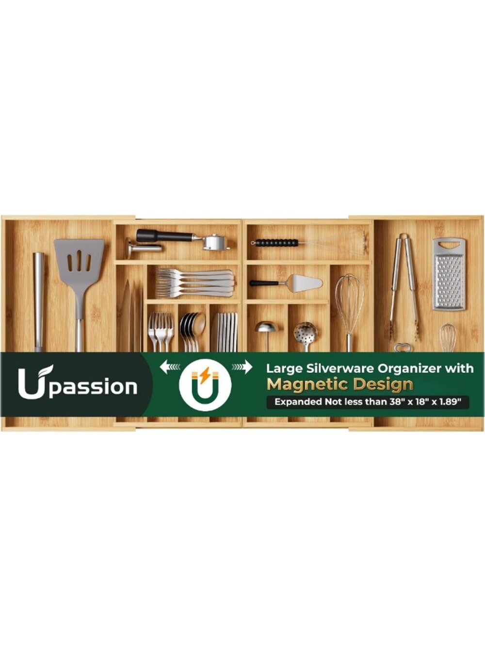 Large Silverware Organizer, 13 Slots Magnetic Connected Expandable Bamboo